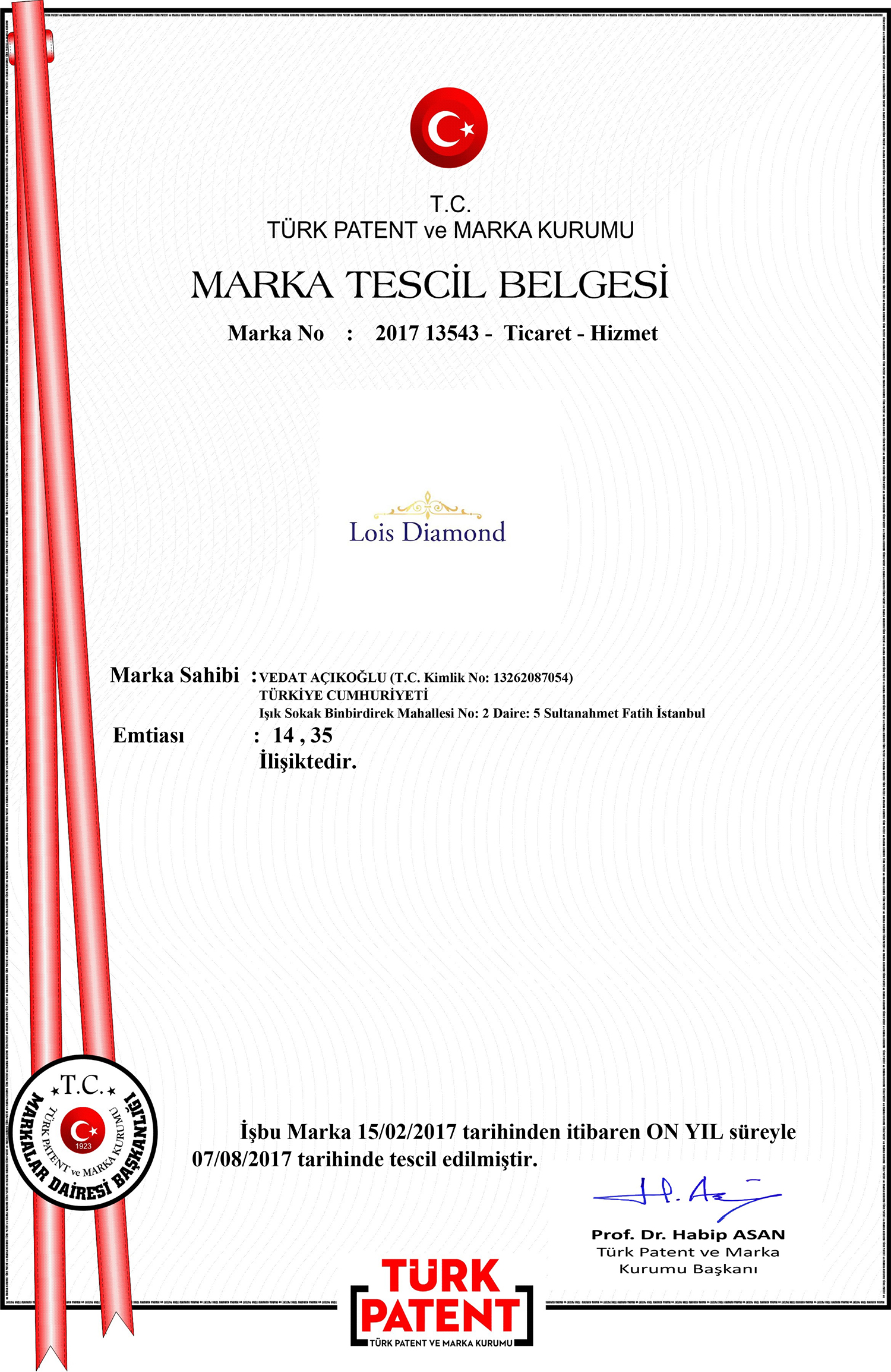 Lois Diamond - Marka Tescil Belgesi